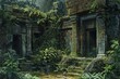 Lost in Time Ancient Ruins Overgrown with Jungle Flora, Digital Oil Painting