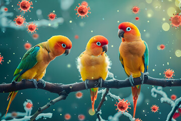 Canvas Print - Parrots on branch amid virus particles. Avian flu or Parrot fever concept.