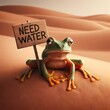A frog in the desert holding a sign that says 