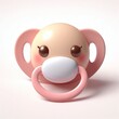 A pink and beige pacifier shaped like a cartoon elephant. The elephant has a pink ring and pink ears. The background is a white surface.
