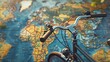 June 3 is World Bicycle Day. A bicycle with a world map in the background. Space for text. Close-up.