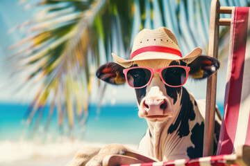 funny cow sitting on a lounger at a tropical beach