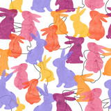 Fototapeta  - Colorful watercolor bunny pattern. Seamless vector background with rabbits silhouettes