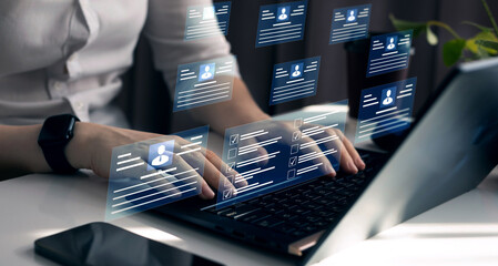Fototapete - Human resources and management concept. Employees must complete the online survey form, answer the test questions. Marked checklist on a clipboard.	
