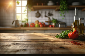 Wall Mural - Wooden empty kitchen table with tomatoes and other things next to it with a window in the background with space for product, text or inscriptions
