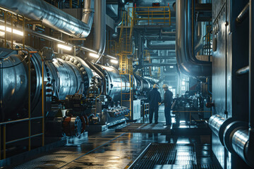 Engineers performing routine maintenance on a large enterprise, refinery or chemical plant with large pipes
