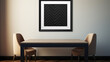 Contemporary matte black frame on a wall with a herringbone pattern, subtle backlighting accentuates a bold graphic print.