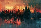 Fototapeta  - Urban Dreamscape Surreal City Skyline at Twilight - Digital Art Illustration with Abstract Elements