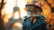 Elegantly dressed kitten modeling on the streets of Paris