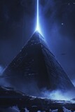 Fototapeta Na drzwi - Pyramid bathed in UFO beam, night sky, rear angle, dramatic lighting, sci-fi mood