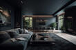 Beautiful dark luxurious interior of large loft room or apartment with sofa, TV, vegetation and large windows
