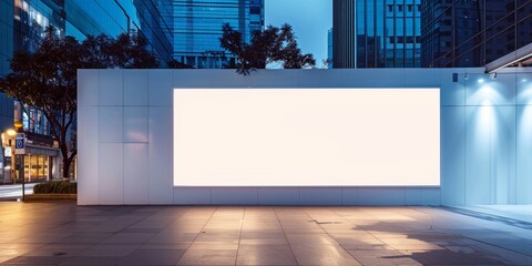 Wall Mural - A white blank wall in the city at night with soft lighting, perfect for displaying an advertisement or banner Generative AI