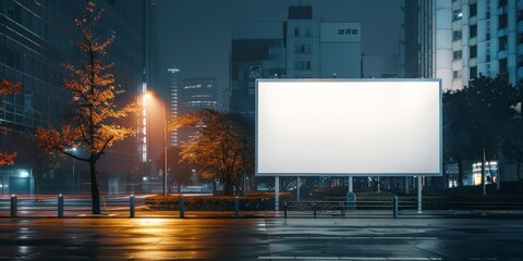 Wall Mural - A white blank wall in the city at night with soft lighting, perfect for displaying an advertisement or banner Generative AI