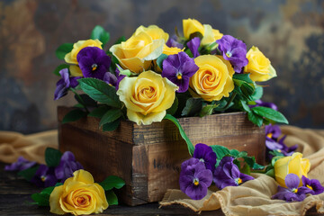 Wall Mural - A composition of yellow roses and purple violets, placed in a wooden box on a brown table.