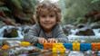 happy kid building toy bridge, real bridge over the river,generative ai