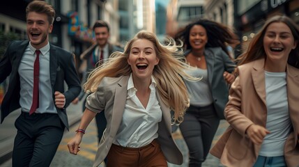 A group of young business people running in the street, laughing and having fun while doing advertising for their brand during an event or party on city streets, all looking at camera. generative AI