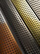 aluminum fine perforated sheet in five colors, dark brown, light gray, rose gold, grey and black. The colors should be uniform throughout the picture.