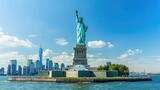 Fototapeta Nowy Jork - Our image captures the magic of the Statue of Liberty overlooking Manhattan, with hotels and apartments offered nearby for a memorable stay.