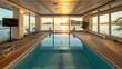 © PaulShlykov - Luxurious cruise ship indoor swimming pool and spa area with sun loungers and exercise equipment.
