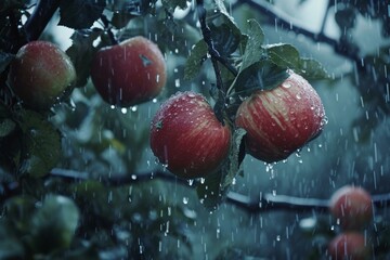 Poster - Refreshing Apple rain shot. Farm agriculture. Generate ai