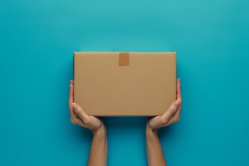 top view The person is holding a cardboard box with a fashion accessory inside. The background is electric blue, resembling a skyscraper. The box is a rectangle shape, held delicately by their wrist