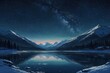Lake and mountains under the night sky with snowfall and falling stars