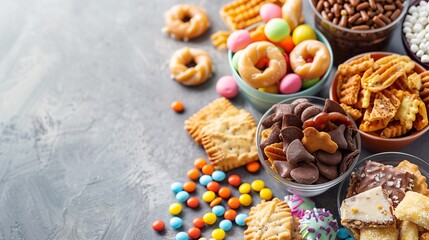 Wall Mural - Unhealthy snacks on display, highlighting the challenges of dieting and weight management.