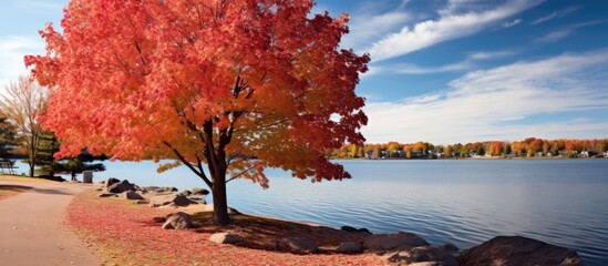 Poster - A solitary tree with vibrant crimson leaves standing on the shore of a tranquil lake, reflecting the colorful autumn foliage