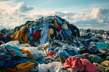 Pile Of Discarded Clothing In Landfill Highlighting Issues Of Fast Fashion And Sustainability. Concept Fast Fashion, Sustainability, Clothing Waste, Landfill, Environmental Impact