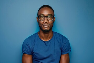 Attractive african american man wearing blue tshirt and glasses. Isolated on blue background.