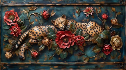 Wall Mural -  a painting of a cheetah laying on top of a bed of flowers with a leopard laying on top of it.