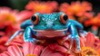  a close up of a blue frog sitting on top of a bunch of orange and pink flowers with water droplets on it's eyes.
