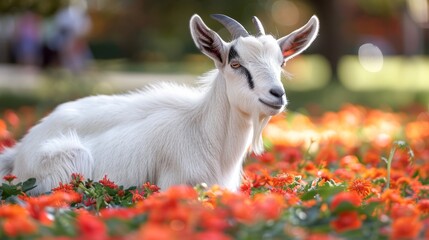 Wall Mural -  a close up of a goat laying in a field of flowers with it's head turned to the side.