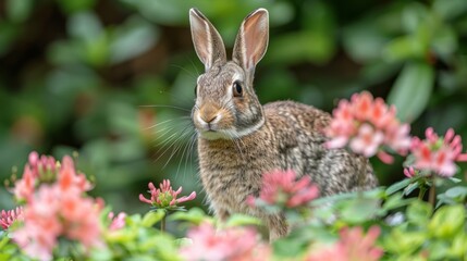 Wall Mural -  a close up of a rabbit in a field of flowers with a blurry background of green leaves and pink flowers.