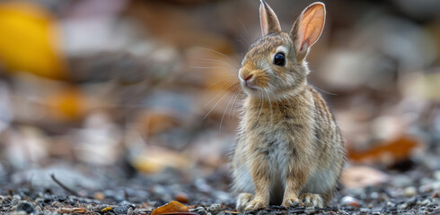  a small brown rabbit sitting on top of a pile of dirt next to a leaf filled forest filled with lots of leaves.