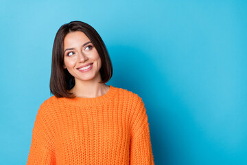 Wall Mural - portrait of attractive cheerful funny curious girl thinking copy empty space isolated over bright bl