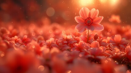  a close up of a pink flower in a field of red flowers with the sun shining through the sky in the background.