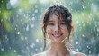 Beautiful Asian Woman with Happy and Serene Expression Enjoying Summer Rain in Nature.