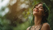 Beautiful young woman with green hair enjoying the summer rain in nature