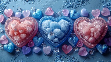 two heart shaped candies sitting next to each other on top of a blue and pink surface with hearts ar