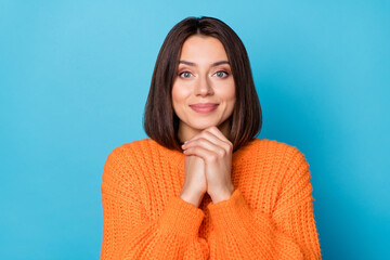 Poster - Portrait of attractive pleased cheerful girl enjoying good mood isolated over bright blue color background