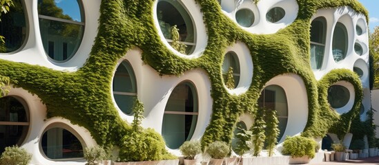 Poster - An urban building adorned with numerous windows is surrounded by flourishing plants climbing up its side