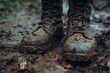 Worn Army boots dirty. Shoe hiking pair. Generate Ai