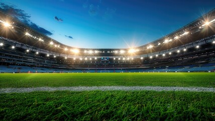 Illuminated stadium with lush green grass - An empty sports stadium brightly lit showcasing the expansive green playing field and seating areas