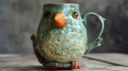 Poster - A ceramic bird shaped coffee mug sitting on a wooden branch, AI