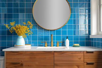 A cozy bathroom sink detail with a gold faucet, vibrant blue square tiles, and a white oak cabinet.