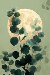 Wall Mural - A picture of a full moon and some leaves, eucalyptus twig and circle.