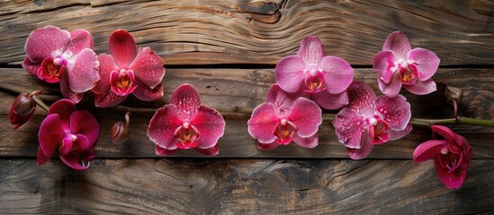 Wall Mural - A close-up view showing a group of pink flowers arranged on top of a wooden table