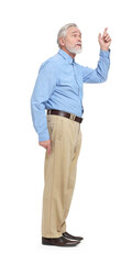 Wall Mural - Senior man pointing at something on white background