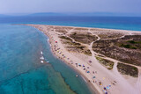 Fototapeta Sport - Aerial view of exotic sandy peninsula and sandy beach of Posidi with turquoise clear sea, Kassandra, Chalkidiki, North Greece